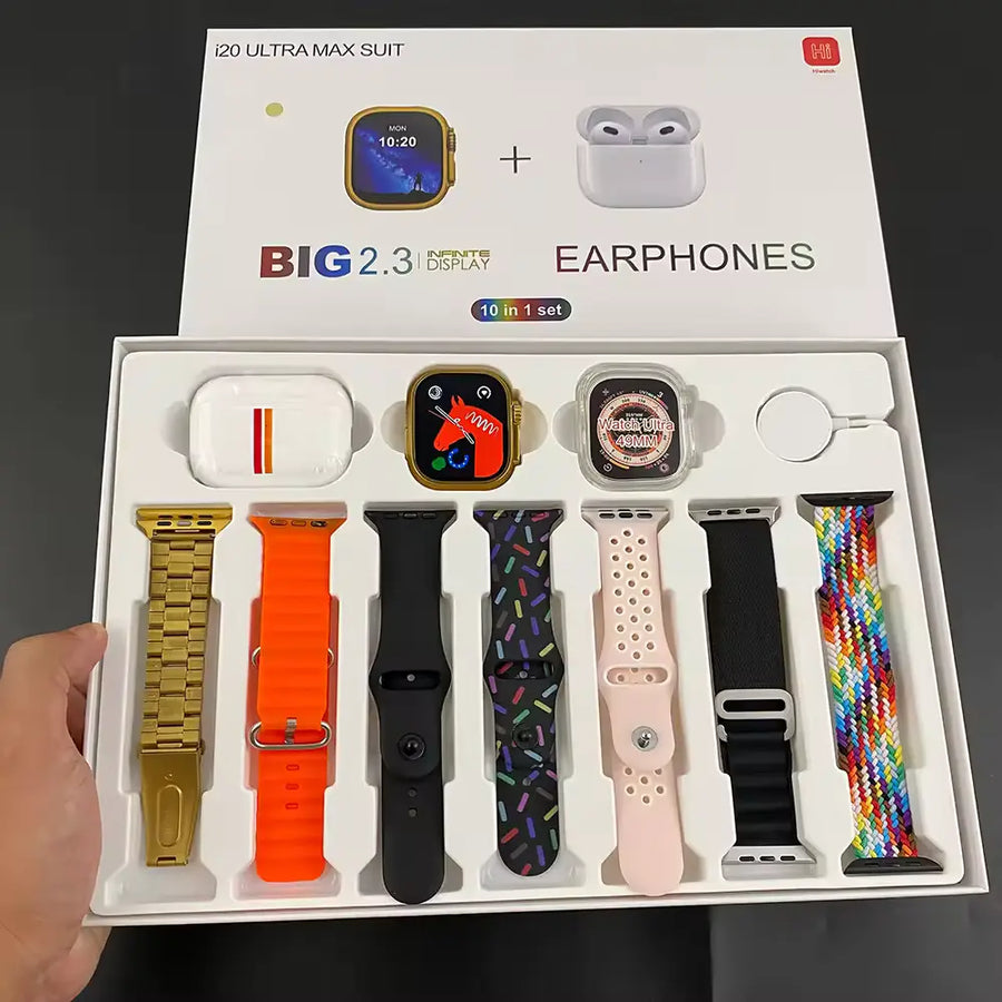 I20 Ultra Smart Watch Gold With Earbuds And 7 Straps